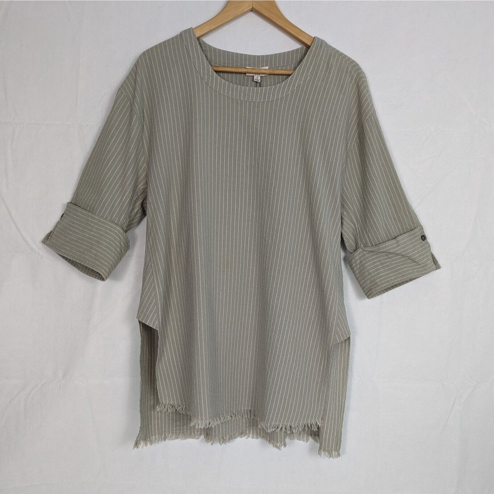 Umgee USA Womens Small Sage Green White Stripe Tunic Top Blouse Fringe Hem